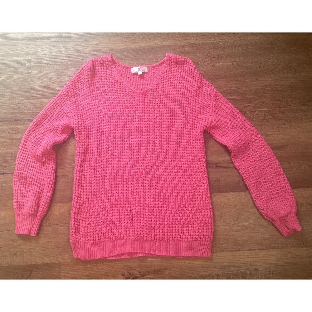 Womens‎ Pink V-Neck Waffle Knit Sweater XL Barbie Preppy Beach